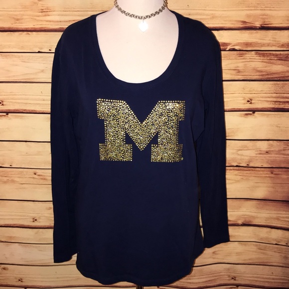 Tops - Michigan Bling Navy/Gold Stretchy V Neck Tee